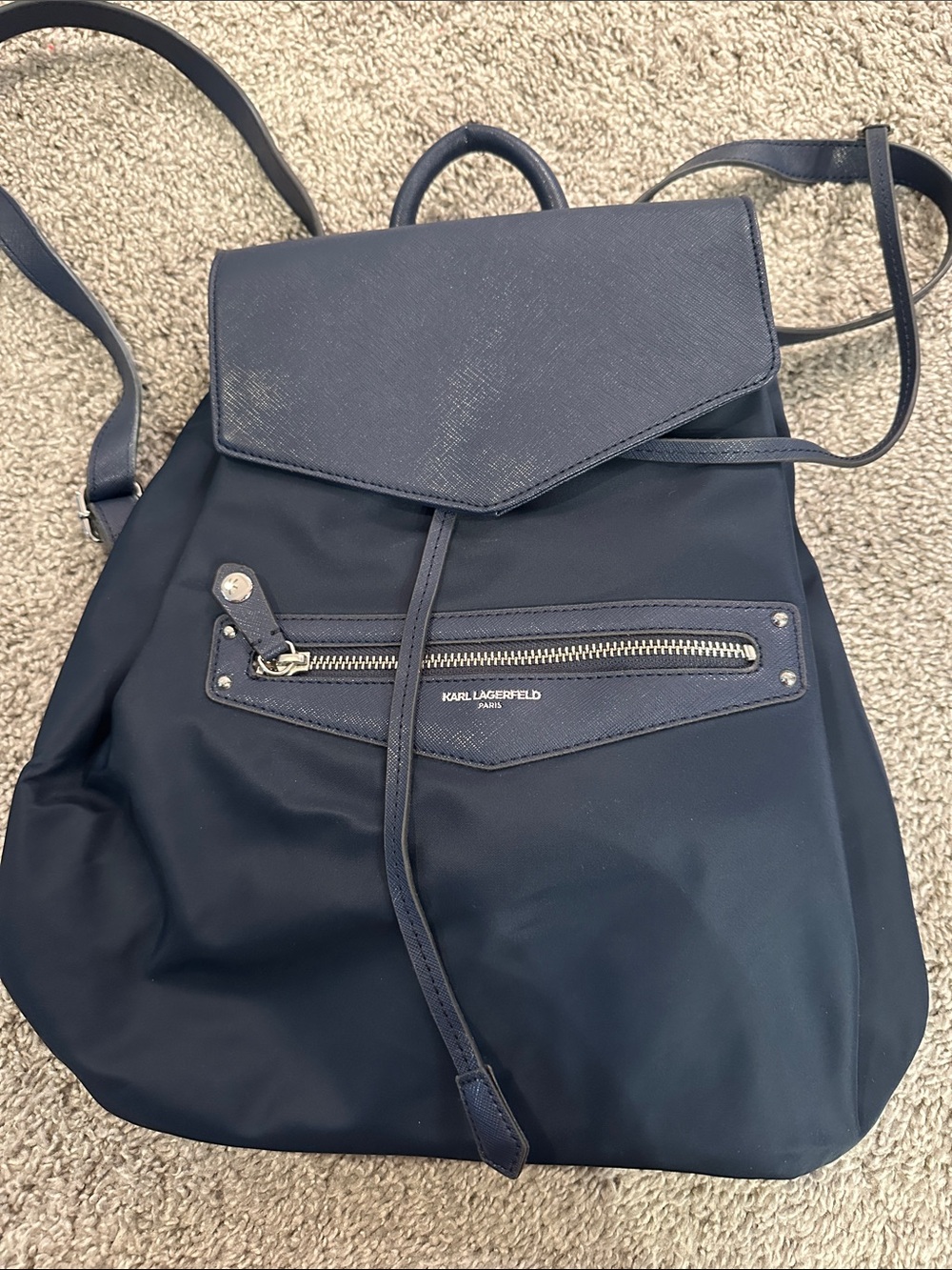 Karl Lagerfeld Navy Drawstring Backpack with Front Zip